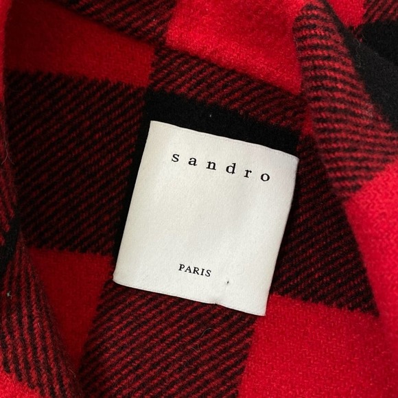 Sandro Paris Check Plaid Fringed-Trim Wool-Blend Jacket In Rouge/noir Red Size 4 - Picture 8 of 11